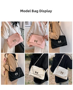 Detailed views of stylish tote bag with bow buckle and chain strap shown on models