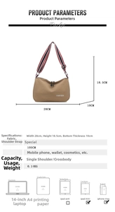 Tableau des tailles détaillé pour sac à bandoulière en toile kaki avec capacité