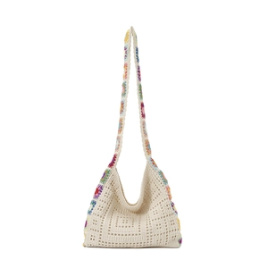 Ethnic style crochet hollow shoulder bag with colorful square knit patterns
