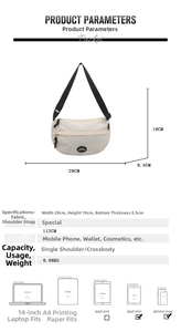 Detailed size chart of cream crescent bag showing 29x19x8.5cm dimensions and features