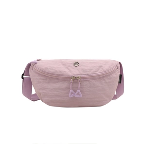 Minimalist light purple nylon crossbody bag with dual zippers and adjustable strap