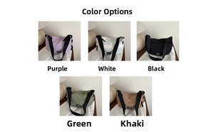 Five colors of minimalist nylon shoulder bags with adjustable black straps in detail view
