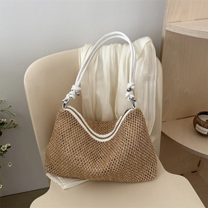 Woven Straw Shoulder Bag Large Capacity Summer Beach Vacation Tote With Knot Handle Retro Fashionable Women Hobo Bag
