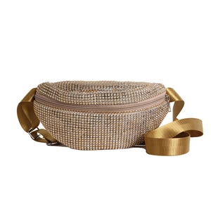 Sparkling gold rhinestone crescent bag with wide adjustable strap for elegant women