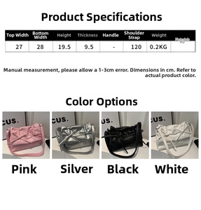 Detailed size specifications and four color options for the pleated bow PU tote bag