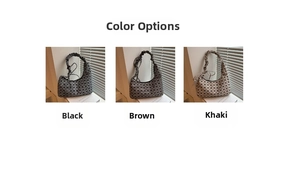 Three pleated handle monogram tote bags in black, brown and khaki colors on white backdrop