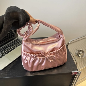Sac À Épaule En Satin Froncé Sac Sous L'aisselle Avec Nœud Plissé Nylon Sac Nuage Chic Pour Femmes