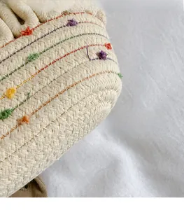 Detail of handmade straw bag featuring colorful floral embroidery and soft pompom accents