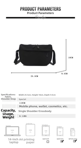 Detailed size chart for black nylon tote bag showing dimensions 25.5x18x9.5cm and capacity