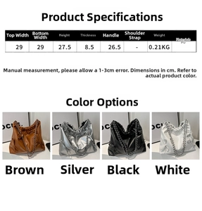 Detailed size specifications and color comparison for the pleated cloud tote bag with chain