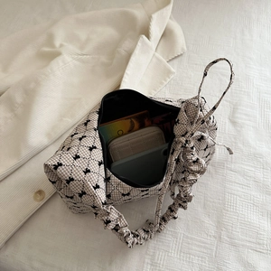 Large beige checkered canvas shoulder bag with black bow embroidery for daily commuting
