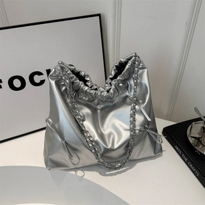 Women Shoulder Bag Large Capacity PU Leather Chain Strap Bow Decor Metallic Drawstring Bucket Tote Commute Bag