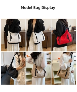 Detail view of large capacity nylon tote bag in four colors with wide shoulder straps