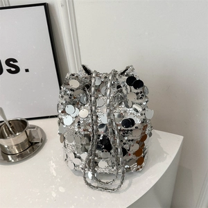 Sequined Bucket Bag For Women Glitter Nylon Chain Shoulder Crossbody Drawstring Party Handbag