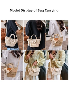 Detail of hand-woven straw bag with lace bow, pearl accent and dual-use shoulder strap