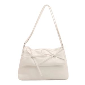Minimalist white leather crossbody bag featuring elegant twin bows and a long strap