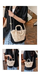 Detail of hand-woven cotton bucket bag with pearl clasp and lace bow decoration