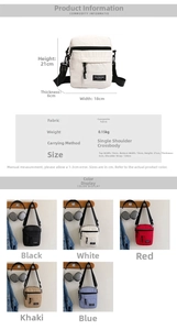 Detailed size and specs diagram of canvas mini crossbody bag with multiple color options