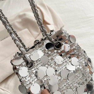 Chic silver sequin bucket bag with woven metal chain strap for women party wear