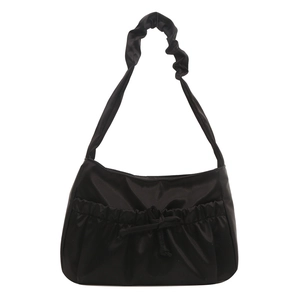 Chic black pleated shoulder bag with satin finish and drawstring bow detail