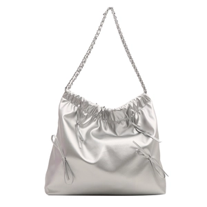 Chic silver metallic bucket bag with ribbon bows and stylish chain shoulder strap