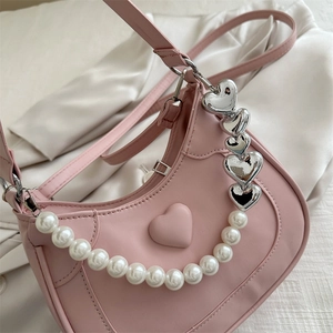 Pink heart crescent hobo bag with pearl chain and silver heart pendant decoration