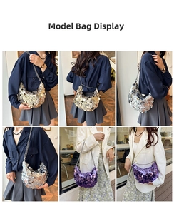Detailed views of sequined saddle bag in gold, silver and purple with chain strap