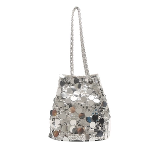 Sparkling silver sequin bucket bag with metallic chain strap for evening parties