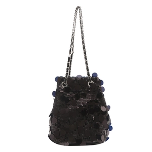 Sparkly black sequin bucket bag with blue highlights and silver metal chain strap