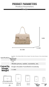 Gedetailleerde afmetingen beige stro handtas met 20,5 cm breedte en 112 cm schouderriem