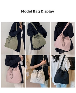 Collage of large capacity canvas drawstring bucket bags in four trendy minimal colors