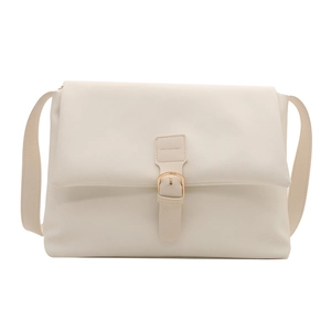 Minimalist cream white messenger bag with smooth leather texture and golden metal buckle