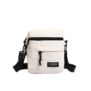 Mini canvas messenger bag in off-white with black strap and Fashion Instinct logo patch