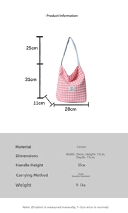 Pink and white checkered canvas tote bag showing dimensions 28x31x11cm and scale details