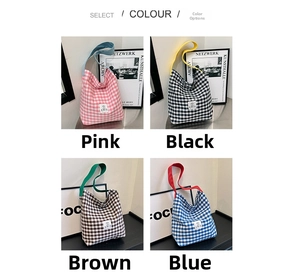 Detailed grid view of large checkered tote bags in pink, black, brown and blue colors