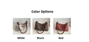 Detailed comparison of woven tote bags in white, black, and red with leather handles
