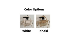 Detail view of woven handbags in white and khaki with delicate flower embroidery