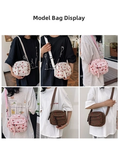 Multiple views of a corduroy strawberry crossbody bag in cream, pink, and brown colors