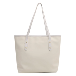 Borsa tote minimalista beige in ecopelle con rivetti dorati e design a grande capacità
