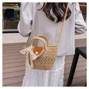 French woven knit bag with leather flap, pearl buckle and lace bow for summer beach
