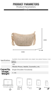 Size specifications and features of the beige woven crescent bag with flower embroidery