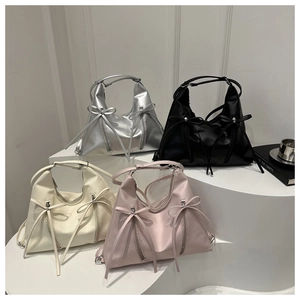 Fashionable PU leather tote bag with bow ribbons in silver black cream and pink