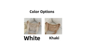 Detail view of woven shoulder bags with floral embroidery in white and khaki colors