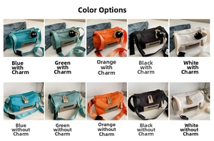 Detailed grid showing multi-color waterproof nylon oxford sports bags with plush charms