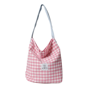 Pink gingham canvas bucket bag with light blue shoulder strap and EMIS label