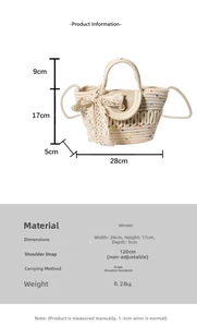 Size guide for woven handbag showing 28x17x5cm dimensions and pearl clasp details
