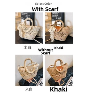 Detail of woven straw handbag featuring leather flap and pearl buckle in four colors