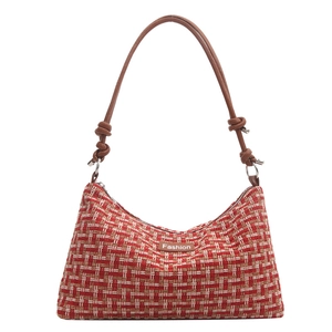 Chic plaid tweed underarm shoulder bag with brown knotted rope straps and fashion label