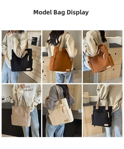 Collage di modelle che indossano borse tote in tela capienti in diversi colori