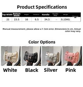Detailed view of women bow shoulder bags in white, black, silver, and pink PU leather